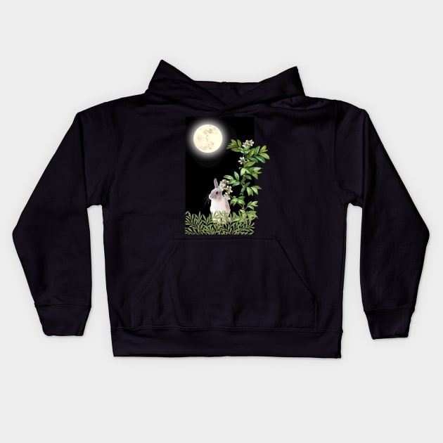 Night Rabbit Under Wild Blueberry Kids Hoodie by Bluepress